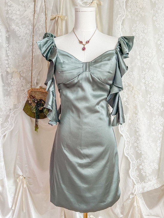 Dresses & Skirts - Sage Satin Flutter Sleeve Party Dress NWT